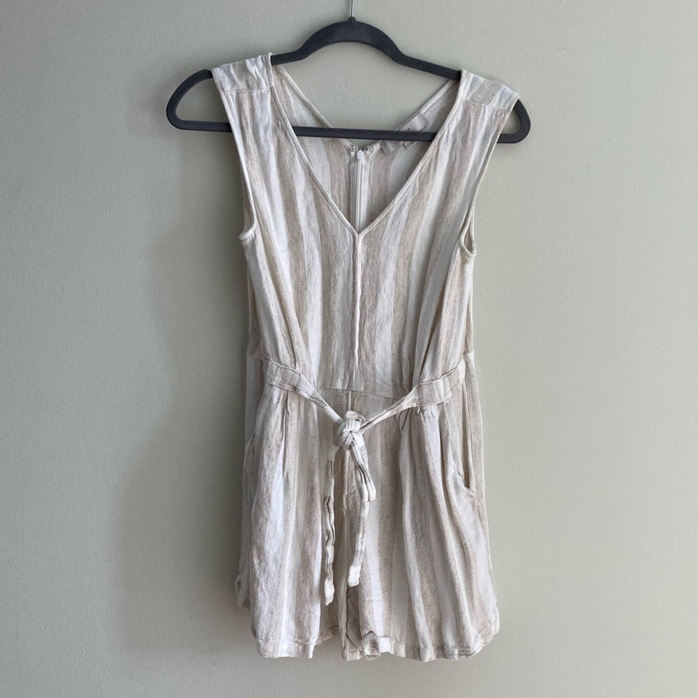 Loft Off White Sleeveless Beige Striped Linen Blend Belted Romper Size 2
